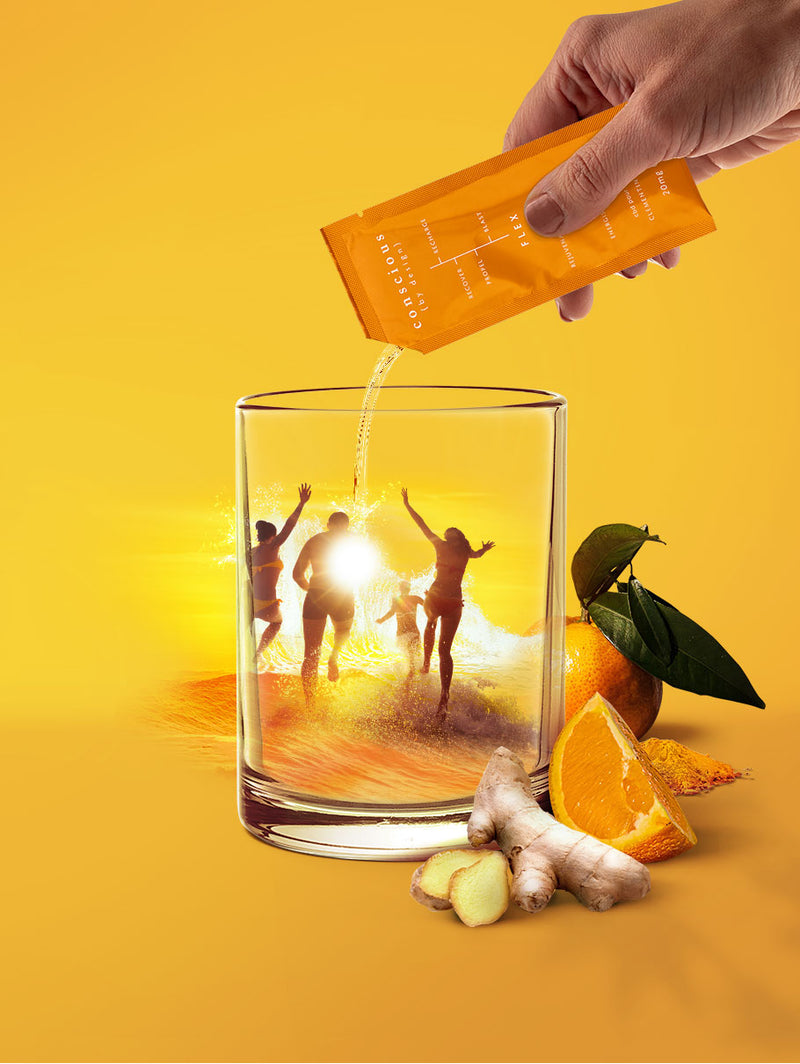 FLEX being poured into a glass showing effects of this natural energy boost drink